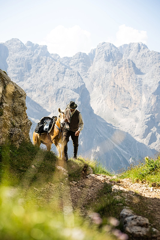 Cavalier et son cheval évoluant à pied sur un sentier escarpé dans les Dolomites