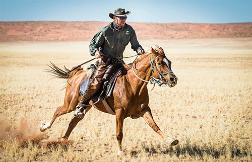 Portrait d'Andrew Gillies à cheval, guide de la randonnée en Namibie avec Horseplorer