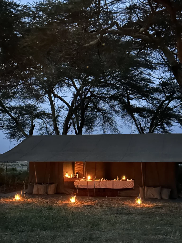 vue d'une tente de safari africaine dans la brousse avec des lampes à huile allumées tout autour et dedans