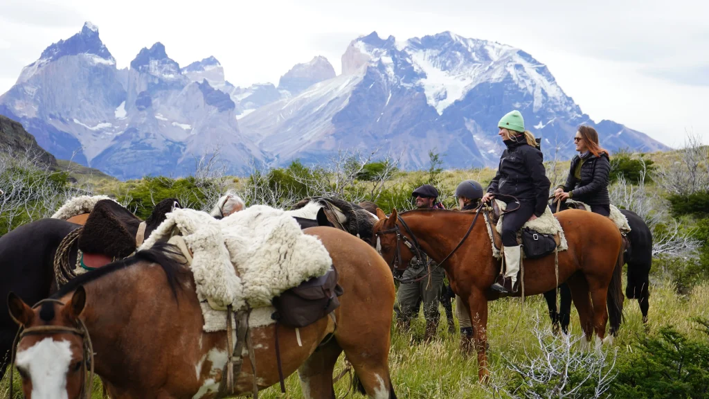 des cavaliers et leurs chevaux faisant une pause dans la pampa de la patagonie au pied des montagnes de torres del paine au chili