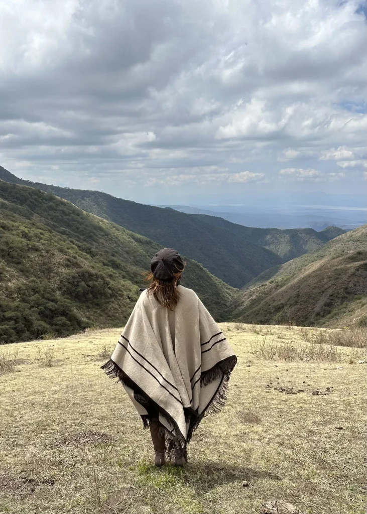 une cavalière habillée d'un poncho vue de dos contemplant la vue du sommet de la montagne