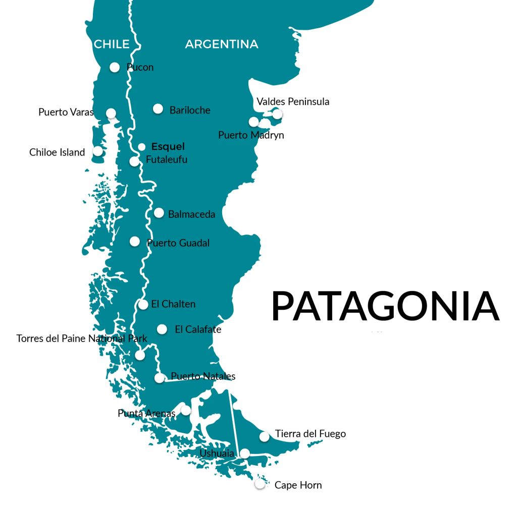 carte du monde qui montre la region de patagonie entre le chili et l'argentine